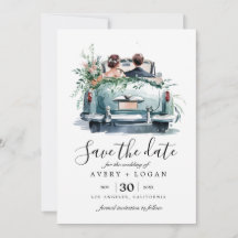 casal em carro antigo aquarela save the date