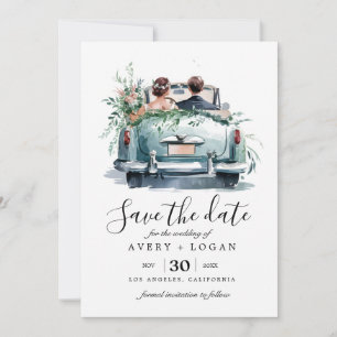 Convites casal em carro antigo aquarela save the date