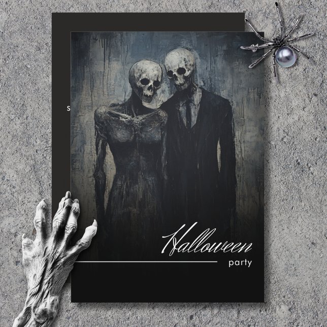 Convites Casal Escuro Festa de Halloween Preto e Branco (Dark Ghoulish Couple Black & White Halloween Party Invitation)