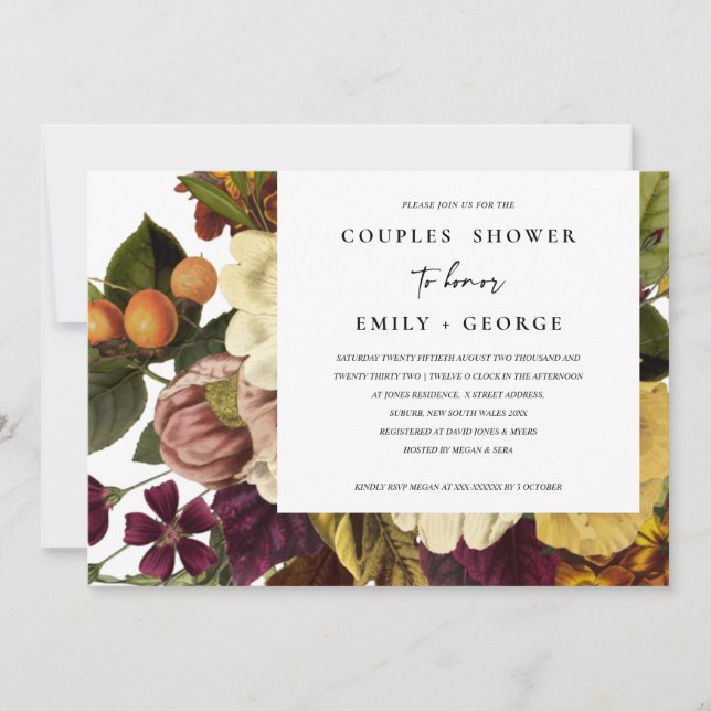 Convites Casal FLORAL AMARELO VINTAGE RETRO BURGUNDY (Frente)