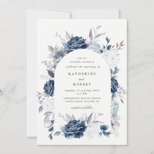 Convites casal floral elegante, azul empoeirado