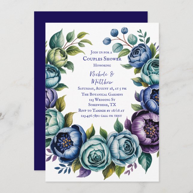 Convites Casal Floral Elegante Azul Turquesa Chá (Frente/Verso)