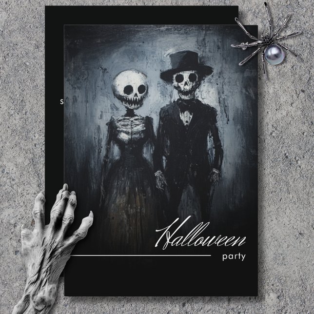 Convites Casal Ghoul,  preto e branco Festa de Halloween (Smiling Ghoul Couple Black & White Halloween Party Invitation)