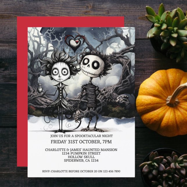 Convites Casal Gótico Assustador Do Halloween Em Woods (Halloween Scary Gothic Couple In Woods Invitation from Ricaso. A creepy but cute couple at Halloween)