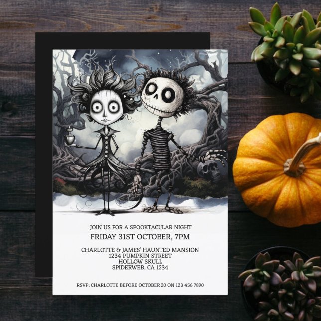 Convites Casal Gótico Assustador Do Halloween Em Woods (Halloween Scary Gothic Couple In Woods Invitation from Ricaso. A creepy but cute couple at Halloween)