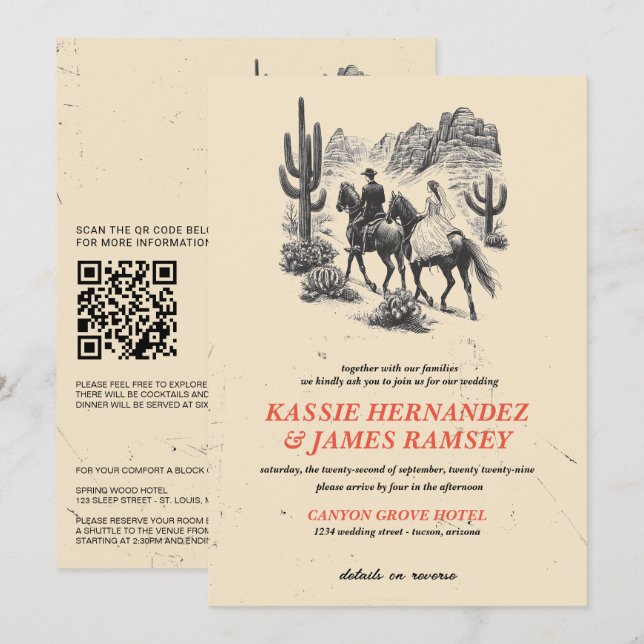 Convites Casal Horseback Canyon com Código QR e Detalhes (Frente/Verso)