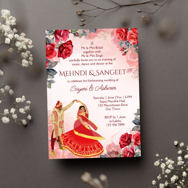 Convites Casal indiano dançando com rosas vermelhas no Mehn (Mehendi sangeet Indian wedding dancing Indian couple red roses invitation instant download)