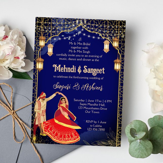 Convites Casal indiano dançando de azul marinho no Mehndi S (Mehendi and sangeet Indian wedding invitation template instant download navy blue dancing couple )