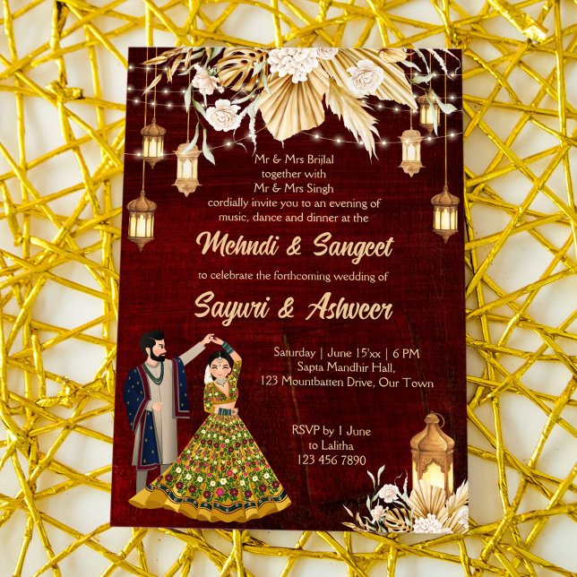 Convites Casal indiano dançando Mehndi Sangeet em marrom (Criador carregado)
