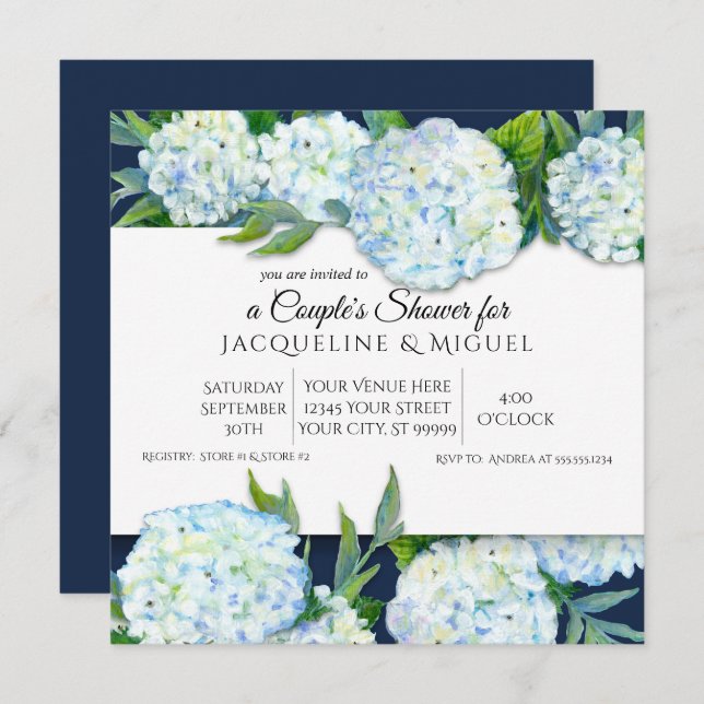 Convites Casal Marinho Azul n Branco Hydrangea Floral (Frente/Verso)