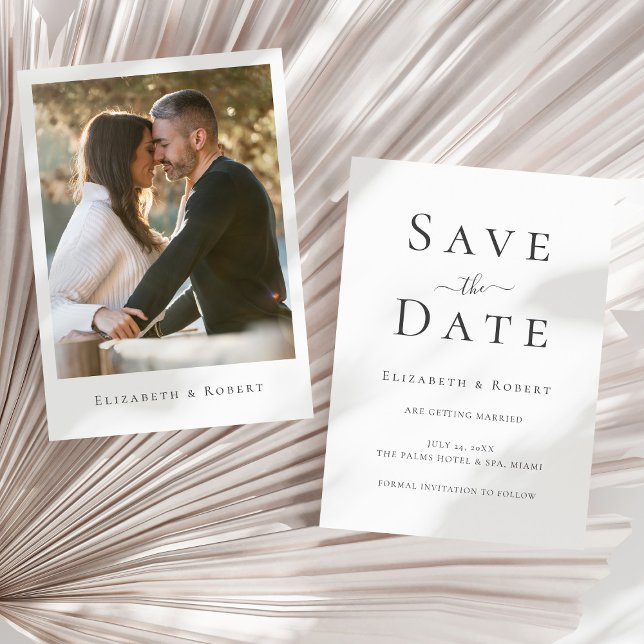 Convites Casal Minimalista Moderno Foto Save the Date (Modern Minimalist Couple Photo Save the Date Invitation on a sunny neutral dry palm leaf.)