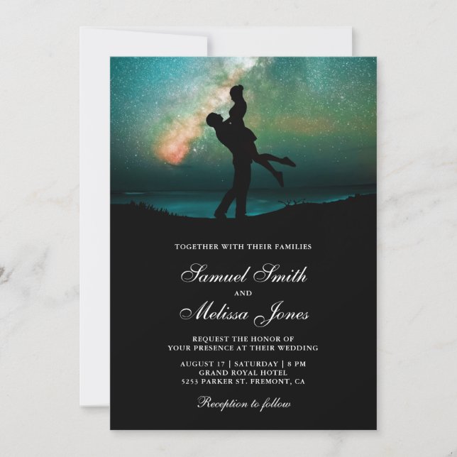 Convites Casal Romântico de Casamento Galáxia Verde Turques (Frente)