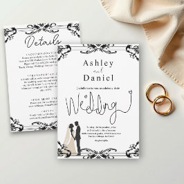 Convites Casal Romântico Elegante Casamento Negro E Branco