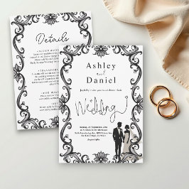 Convites Casal Romântico Preto e Branco Casamento Elegante