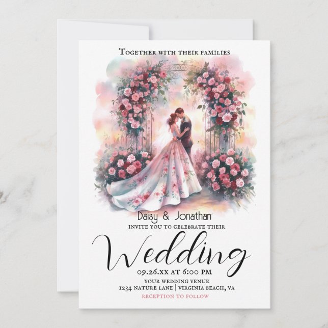 Convites casal romântico sob o casamento do arco floral (Frente)