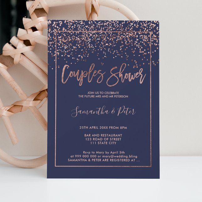 Convites casal rosa gold confetti marinho chá script azul  (Criador carregado)