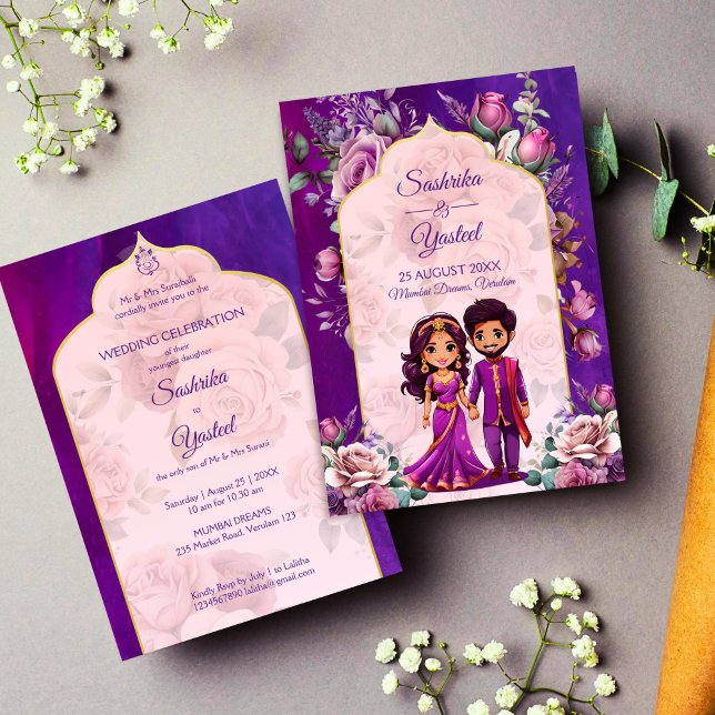 Convites Casal rosa-pinto-púrpura-brava-brava (Indian wedding purple pink cute bridal caricature couple invitation template instant download)