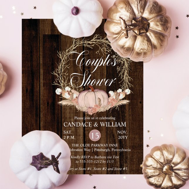 Convites Casal Russo Pumpkin Pampas Wreath (Rustic Pink Pumpkin Pampas Twig Wreath on Dark Faux Wood Couple's Shower Invitation)