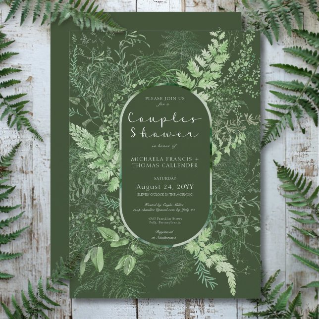 Convites Casal Rustic Fern Green Foliage Emerald Chá (Rustic Fern Green Foliage Emerald Couples Shower Invitation)