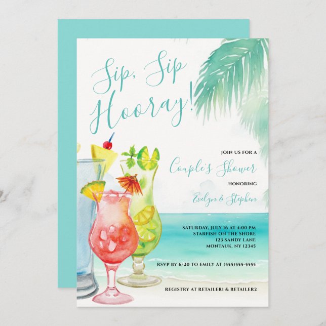 Convites Casal Sip Sip Hooray Tropical Cocktails Chá (Frente/Verso)
