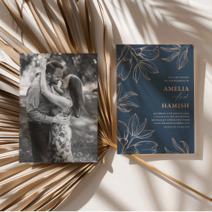 Convites Casamento 1 Foto Azul Chic e Folhagem Dourado Rosa
