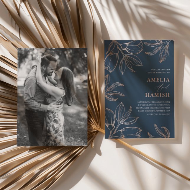 Convites Casamento 1 Foto Azul Chic e Folhagem Dourado Rosa (Criador carregado)