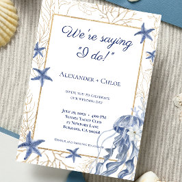Convites Casamento à Beira-Mar Azul Naval Dourado