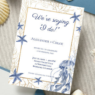 Convites Casamento à Beira-Mar Azul Naval Dourado