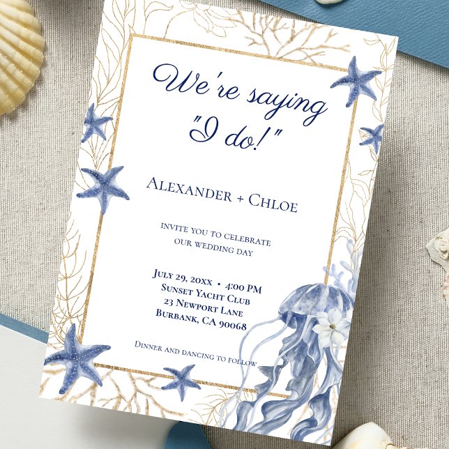 Convites Casamento à Beira-Mar Azul Naval Dourado (Coastal Wedding Navy Blue Gold Invitation)