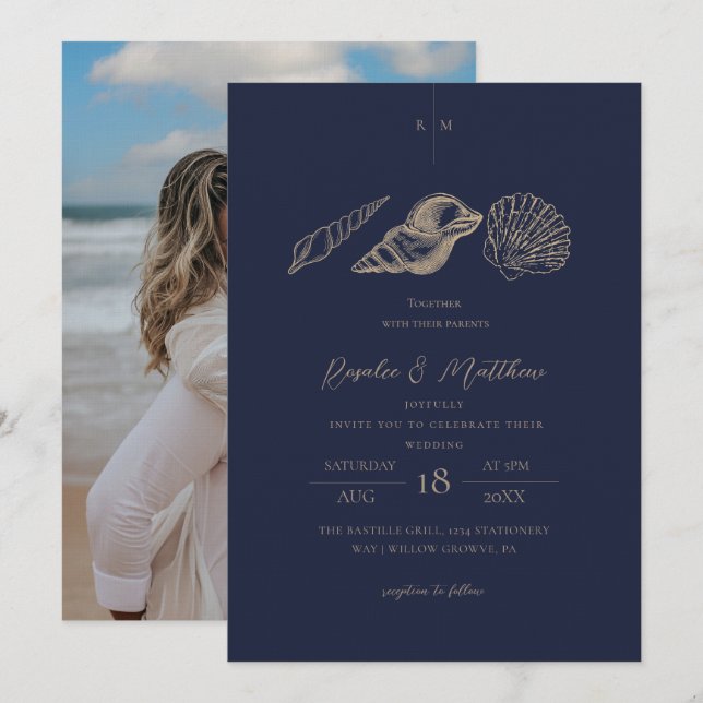 Convites Casamento à Beira-Mar com Conchas Azul-Marinho e D (Frente/Verso)