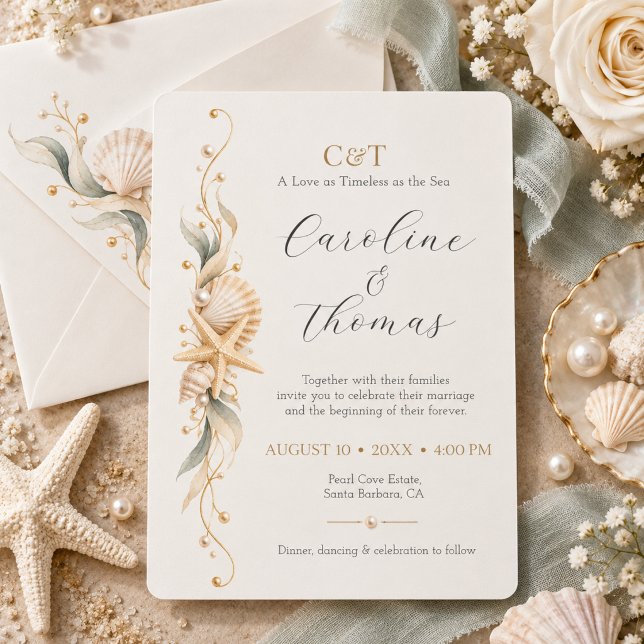 Convites Casamento à Beira-Mar com Estrelas-do-Mar e Concha (Criador carregado)