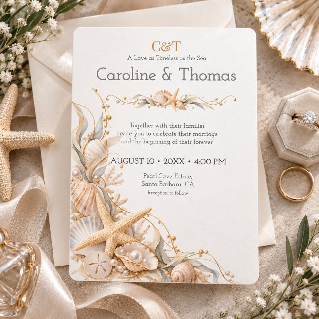 Convites Casamento à Beira-Mar com Estrelas-do-Mar e Concha (Criador carregado)