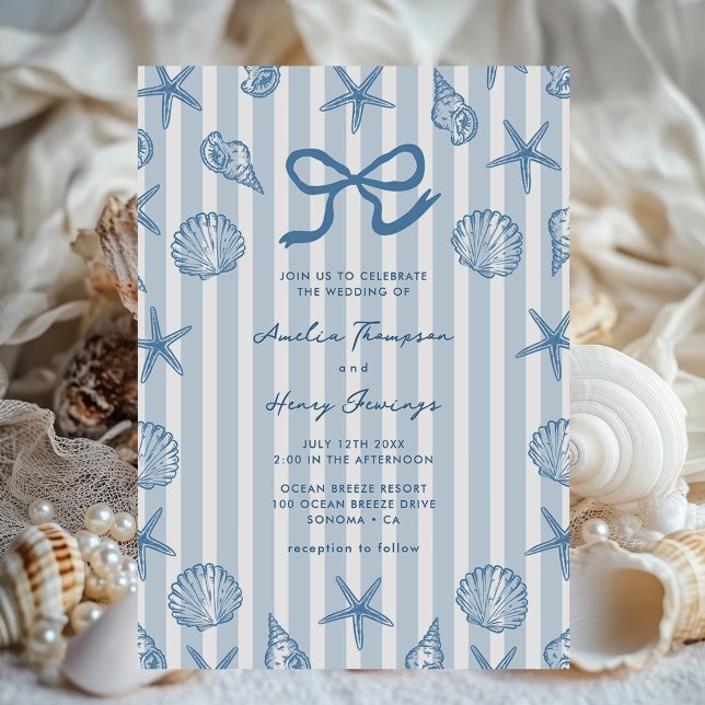 Convites Casamento à Beira-Mar com Listras Azuis de Conchas (Criador carregado)