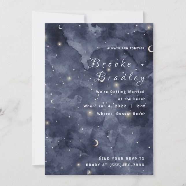 Convites Casamento à Meia-Noite com Aquarela de Lua e Estre (Frente)