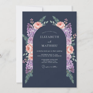 Convites Casamento à Meia-Noite com Flor de Pêssego Marinho
