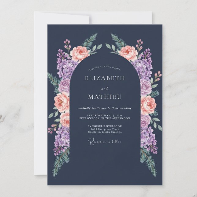 Convites Casamento à Meia-Noite com Flor de Pêssego Marinho (Frente)
