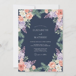 Convites Casamento à Meia-Noite Rosa Pinheiro Azul-Marinho