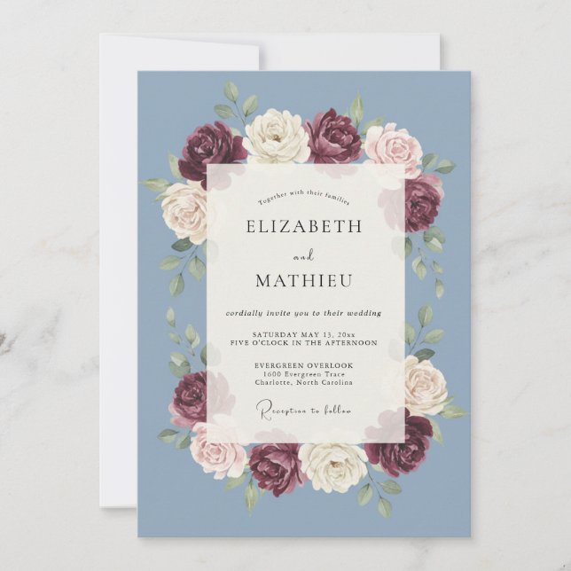 Convites Casamento Abraço de Pétala Azul Ardesia (Frente)