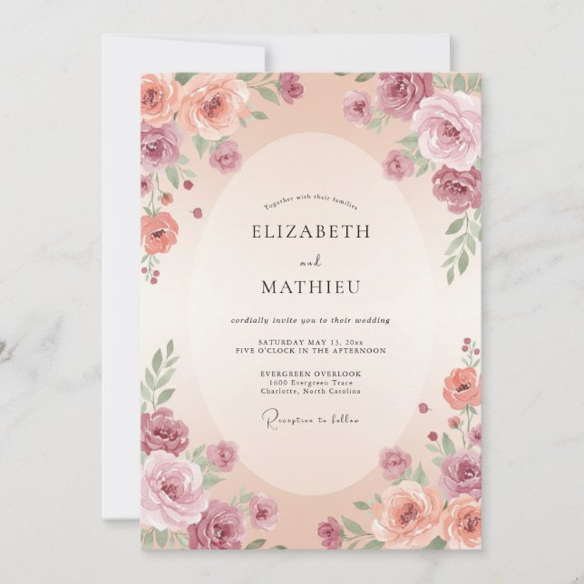 Convites Casamento Abraço Floral Malva Pêssego (Frente)