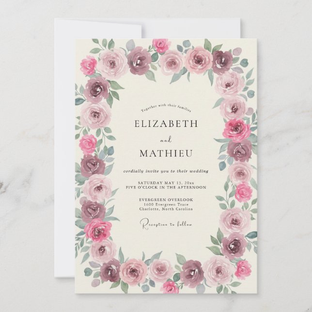 Convites Casamento Abraço Floral Rosa Empoeirado (Frente)