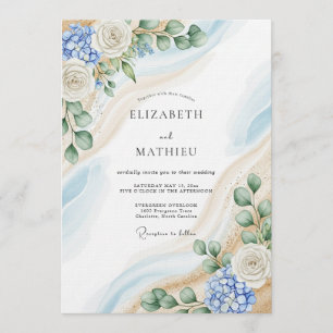 Convites Casamento Abstrato Botânico Azul e Branco