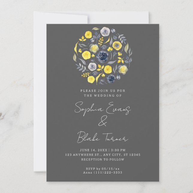 Convites Casamento abstrato Buquê Amarelo e Azul (Frente)