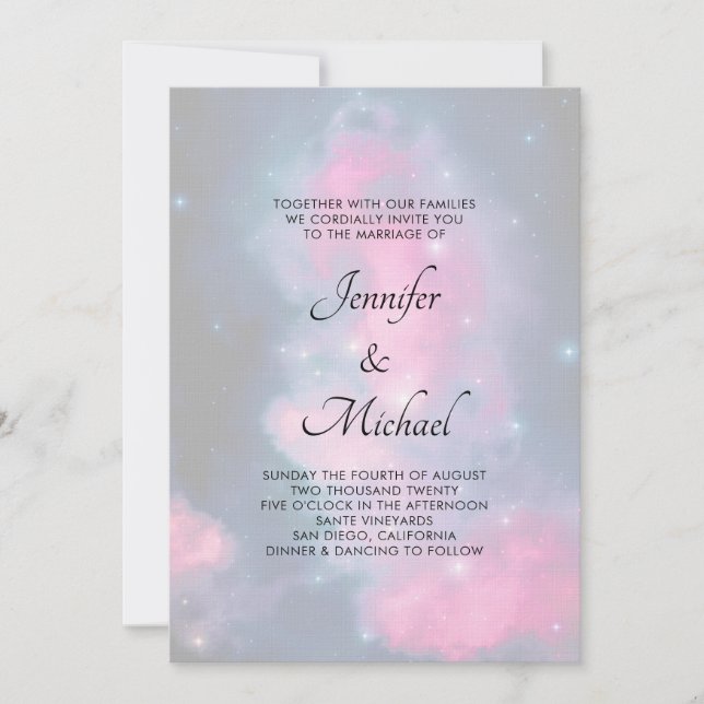 Convites Casamento Abstrato Elegante em Rosa e Azul com Est (Frente)