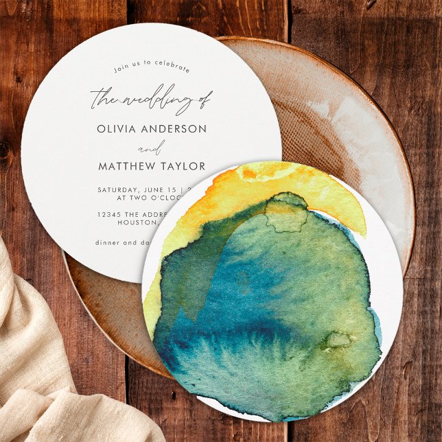 Convites Casamento Abstrato em Aquarela Azul Amarelo Boho (Front/Back)