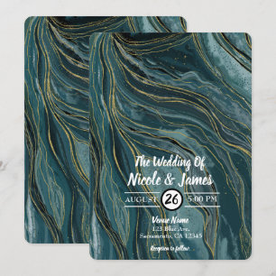 Convites Casamento Abstrato em Aquarela Azul Turquesa Doura