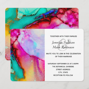 Convites Casamento Abstrato em Rosa e Turquesa com Aquarela