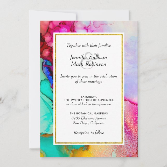Convites Casamento Abstrato em Rosa e Turquesa em Aquarela (Frente)