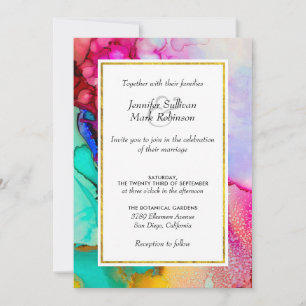 Convites Casamento Abstrato em Rosa e Turquesa em Aquarela