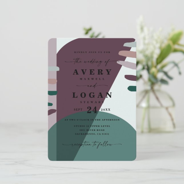 Convites Casamento Abstrato em Roxo Boho e Verde Esmeralda (Em pé/Frente)