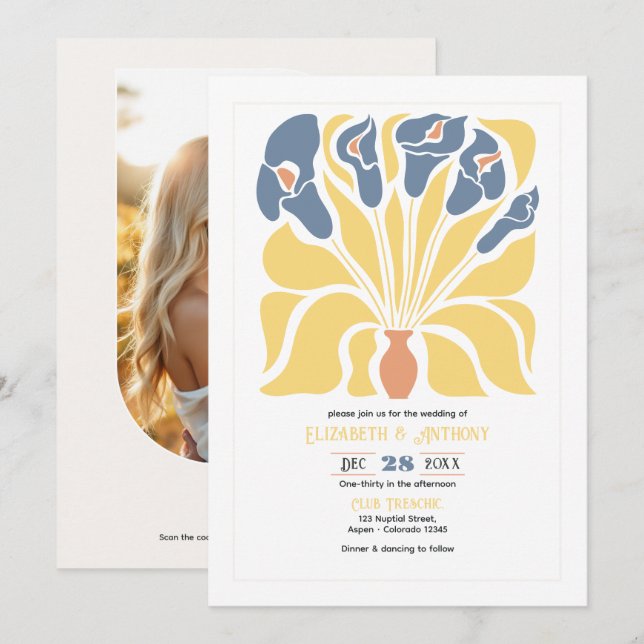Convites Casamento Abstrato Floral Boho de Limão e Denim (Frente/Verso)